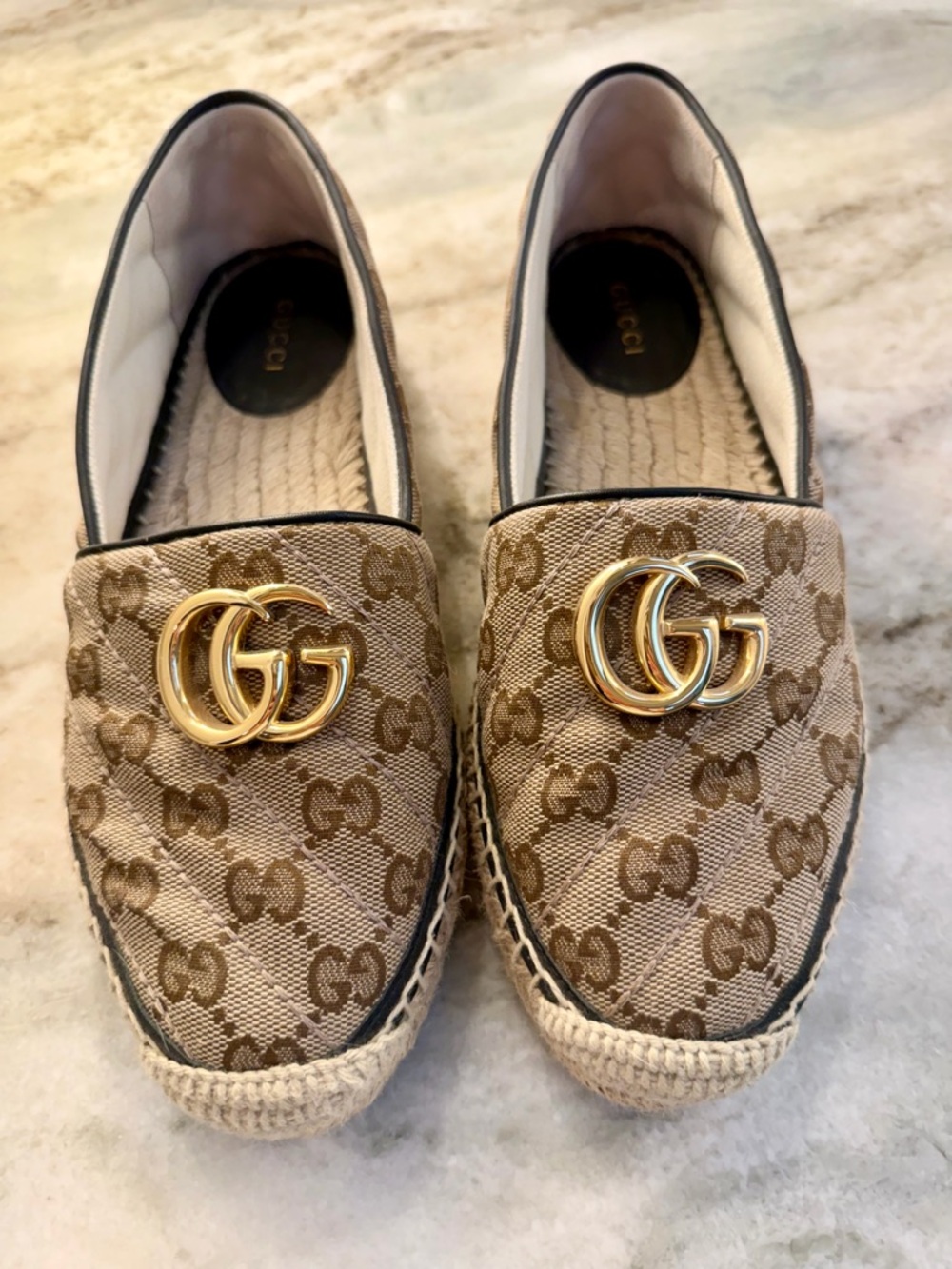 Gucci Beige/Brown Monogram Espadrille Slip-Ons with Gold GG Hardware. 37.5